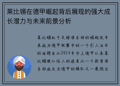 莱比锡在德甲崛起背后展现的强大成长潜力与未来前景分析